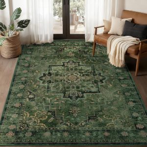 Vintage Dark Green Area Rugs 5x7 for Living Room, Tranditional Distressed Medallion Printed Low Pile Thin Rugs for Bedroom, Non Slip Washable Carpet Rugs for Dining Room/Kitchen/Home Office